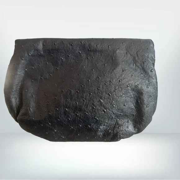 Black Leather Medium Clutch , Ostrich stamped with Artist Brass Buckle - Picture 2 of 4